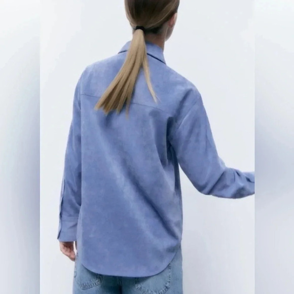 NWOT ZARA Fine-Waled Corduroy Shirt Button Up Oversized Blue Shacket size S - Picture 2 of 11